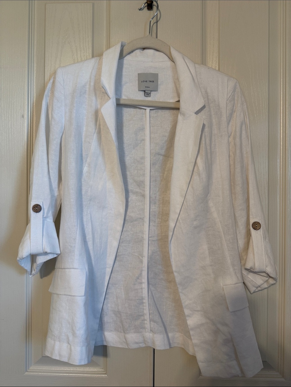 Love Tree White Open-Front Linen Blazer with Roll-Tab Sleeves